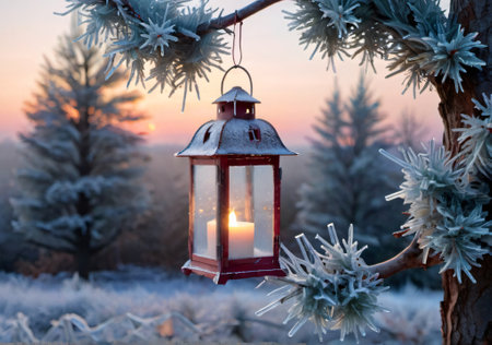 A Rustic Christmas Lantern Hanging From A Frosted Tree Branch, At Dawn. Generative AIの素材