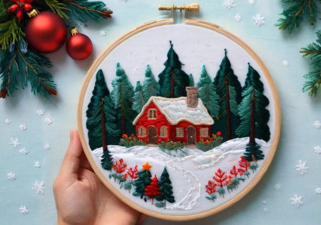 Christmas-Themed Embroidery Art, With A Backdrop Of A Winter Forest. Generative AIの素材