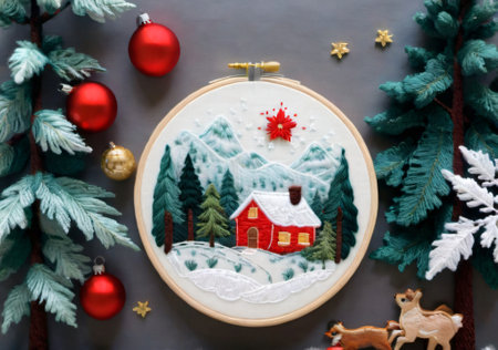 Christmas-Themed Embroidery Art, With A Backdrop Of A Winter Forest. Generative AIの素材