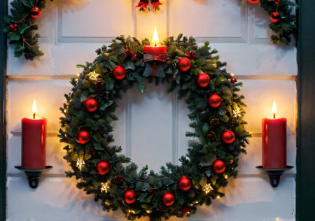 A Christmas Wreath With Led Candles, On A Front Door. Generative AIの素材