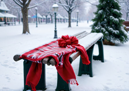 A Christmas Scarf Draped Over A Park Bench, In A Snow-Covered Setting. Generative AIの素材