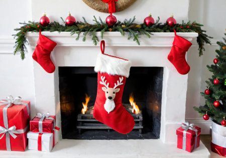 A Christmas Stocking With A Reindeer Motif, Hanging From A Mantelpiece. Generative AIの素材