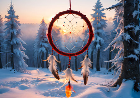 A Christmas-Themed Dreamcatcher In A Winter Forest, At Sunrise. Generative AIの素材