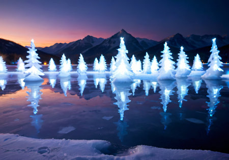 Christmas Lights Reflecting On A Frozen Lake, During The Evening. Generative AIの素材