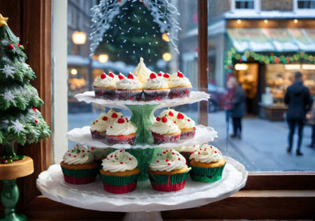 A Christmas Cake Stand With Festive Cupcakes, In A Bakery Window. Generative AIの素材