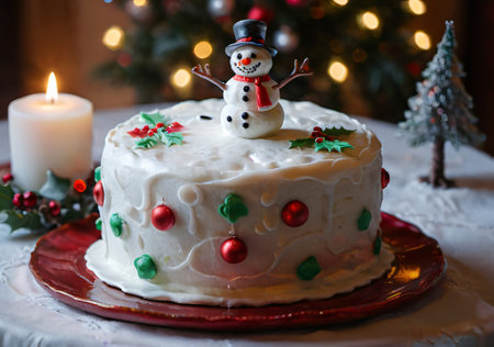 A Christmas Cake With A Snowman Design, In A Softly Lit Dining Room. Generative AIの素材