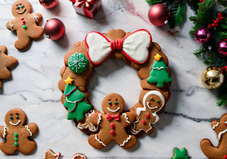 A Christmas Gingerbread Cookie Wreath, On A Kitchen Counter. Generative AIの素材