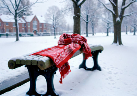 A Christmas Scarf Draped Over A Park Bench, In A Snow-Covered Setting. Generative AIの素材