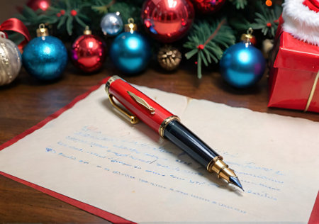 A Christmas-Themed Fountain Pen On A Letter To Santa, In A Study Room. Generative AIの素材