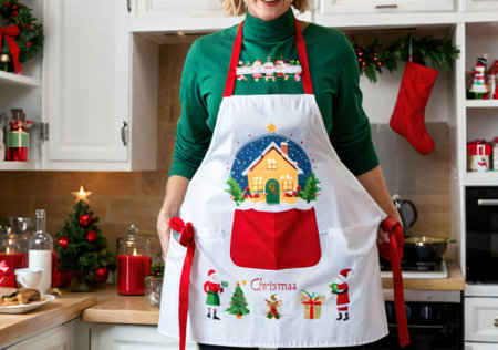 A Christmas Apron Hanging In A Kitchen, With A Holiday Cooking Scene. Generative AIの素材