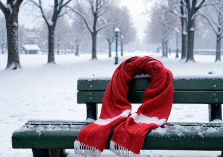 A Christmas Scarf Draped Over A Park Bench, In A Snow-Covered Setting. Generative AIの素材
