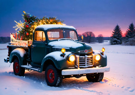 Christmas Lights On A Vintage Truck, In A Snowy Field At Dusk. Generative AIの素材