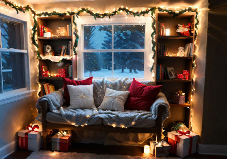 Christmas Lights Draped Over A Bookshelf, In A Cozy Reading Nook. Generative AIの素材