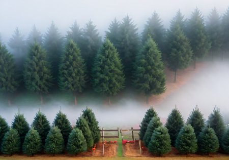 A Christmas Tree Farm With A Low Fog, In The Early Morning. Generative AIの素材