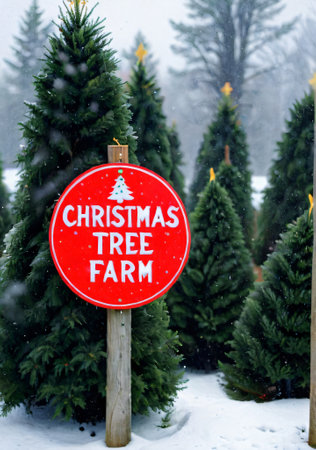 A Christmas Tree Farm Sign, With Snow Falling In The Background. Generative AIの素材