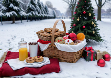 A Christmas Picnic Blanket In A Snowy Park, With A Basket Of Festive Treats. Generative AIの素材
