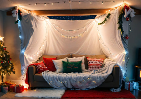 A Christmas-Themed Blanket Fort In A Living Room, With Fairy Lights. Generative AIの素材