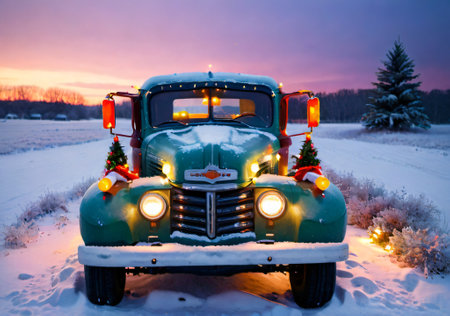 Christmas Lights On A Vintage Truck, In A Snowy Field At Dusk. Generative AIの素材