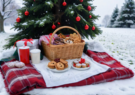 A Christmas Picnic Blanket In A Snowy Park, With A Basket Of Festive Treats. Generative AIの素材