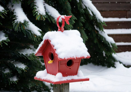A Christmas-Themed Birdhouse Covered In Snow, In A Backyard Setting. Generative AIの素材