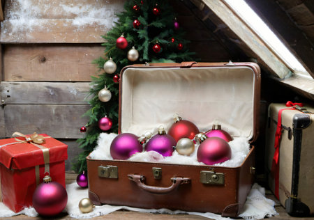 Christmas Baubles In A Vintage Suitcase, In An Attic Setting. Generative AIの素材