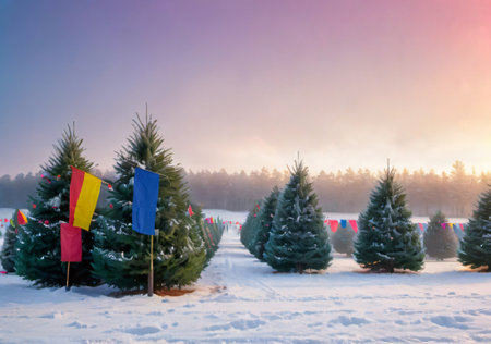 Snowy Christmas Tree Farm With Colorful Flags, At Early Morning. Generative AIの素材