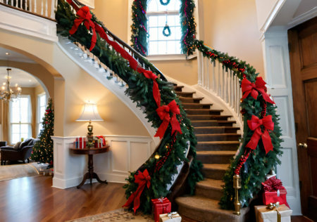 Christmas Garland Wrapped Around A Spiral Staircase, In A Grand Foyer. Generative AIの素材