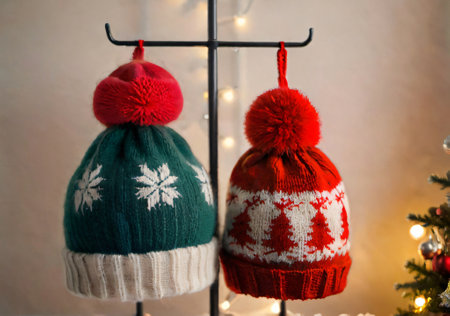 Christmas-Themed Knitted Hats On A Rack, In A Warm, Softly Lit Room. Generative AIの素材