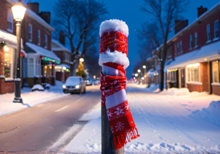 A Christmas Scarf Wrapped Around A Snow-Covered Street Post, At Dusk. Generative AIの素材