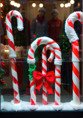 A Christmas Candy Cane Display In A Shop Window, With Soft Lighting. Generative AIの素材