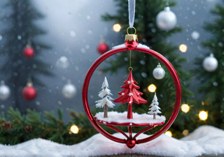 A Christmas Ornament Mobile Spinning Gently, With A Snowy Backdrop. Generative AIの素材