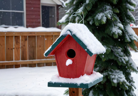 A Christmas-Themed Birdhouse Covered In Snow, In A Backyard Setting. Generative AIの素材