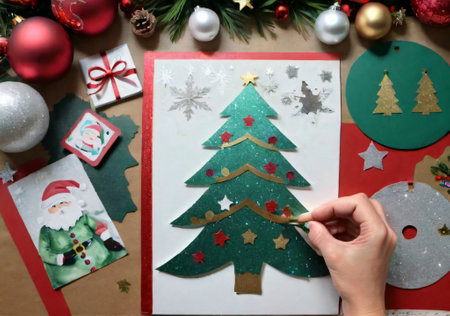A Christmas Scrapbooking Scene, With Cutouts And Glitter On A Craft Table. Generative AIの素材