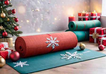 A Christmas-Themed Yoga Mat In A Studio, With Festive Decorations. Generative AIの素材