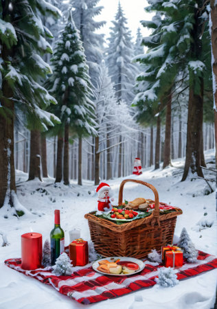 A Christmas-Themed Picnic In A Snowy Forest, At Midday. Generative AIの素材