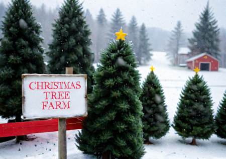 A Christmas Tree Farm Sign, With Snow Falling In The Background. Generative AIの素材