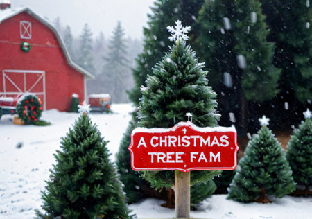 A Christmas Tree Farm Sign, With Snow Falling In The Background. Generative AIの素材