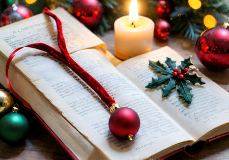 A Christmas-Themed Bookmark In A Well-Loved Book, With A Candle Nearby. Generative AIの素材