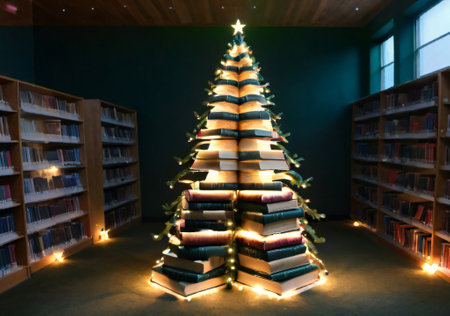 A Christmas Tree Made Of Stacked Books, In A Library With Fairy Lights. Generative AIの素材