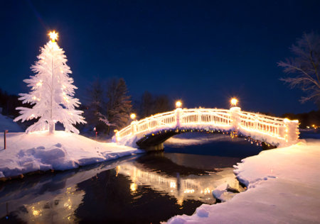 Christmas Lights On A Bridge, Reflecting On A Frozen River At Night. Generative AIの素材