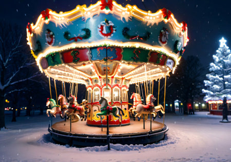 Christmas Lights On A Vintage Carousel, In A Snowy Park At Night. Generative AIの素材
