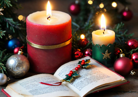 A Christmas-Themed Bookmark In A Well-Loved Book, With A Candle Nearby. Generative AIの素材