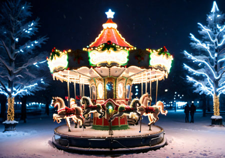 Christmas Lights On A Vintage Carousel, In A Snowy Park At Night. Generative AIの素材