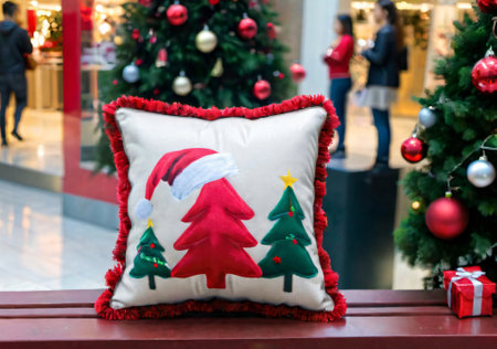 A Christmas-Themed Cushion On A Bench, In A Mall With Holiday Decorations. Generative AIの素材