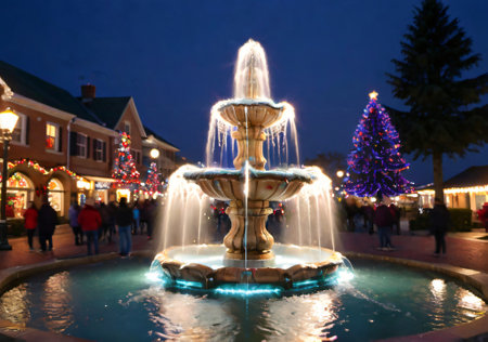 Christmas Lights Wrapped Around A Small City Fountain, At Dusk. Generative AIの素材