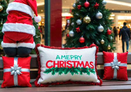 A Christmas-Themed Cushion On A Bench, In A Mall With Holiday Decorations. Generative AIの素材