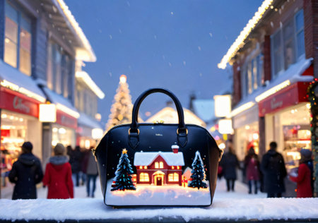 A Christmas-Themed Handbag In A Snowy Shopping Scene, At Dusk. Generative AIの素材