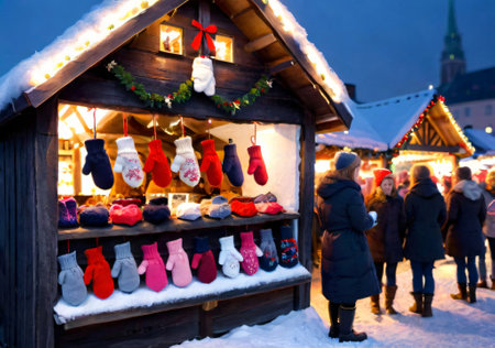 A Christmas Market Stall Selling Handmade Mittens, In A Snowy Evening Setting. Generative AIの素材