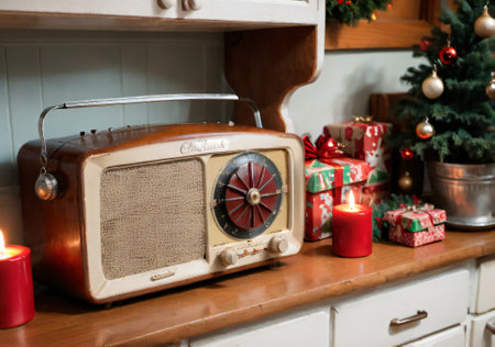 Christmas Carols Playing From A Vintage Radio, In A Cozy Kitchen. Generative AIの素材