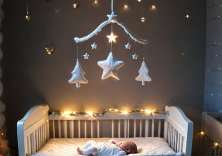 A Christmas Mobile Hanging Over A Baby'S Crib, In A Softly Lit Nursery. Generative AIの素材